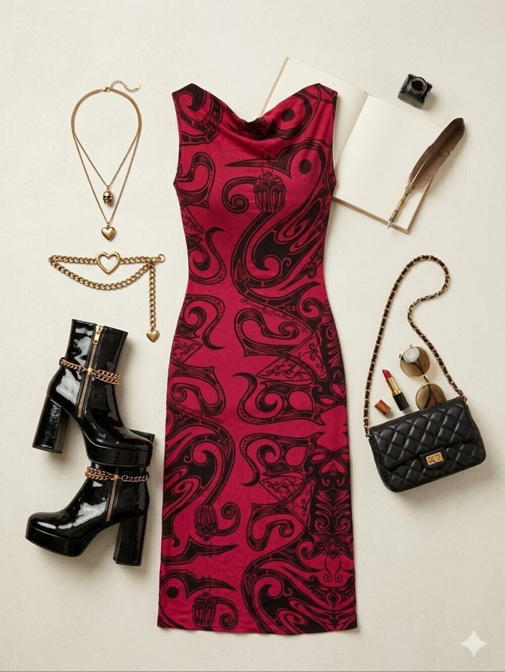 90s Y2K RARE Franky For Betsey Johnson Red Black Tattoo Print Dress